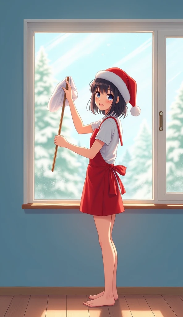 Realistic. Photorealistic. Image is vibrantly colored.
photo,Highly detailed

A young and very beautiful Japanese girl is standing and wiping a large window with a rag,
smiling and looking at the camera,
holding a white rag in her hand while wiping the win...