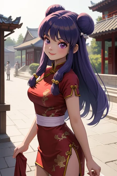  Masterpiece,  Best Quality , highres, F , 1 girl, Alone, purple eyes,  purple hair , hair bun, Campaign, double bun, jingle Campaign,  long hair, breasts, smile, blows,  hair ornament, bow, sideburns, Shampoo (ranma 1/2), dress, Chinese clothing, red chin...