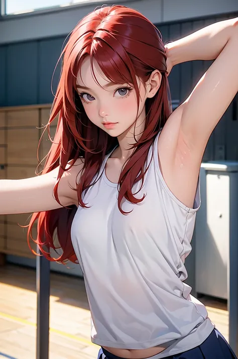  young elementary school girl, red-haired, with defined arms and abdomen , armpits, Physical Education class
