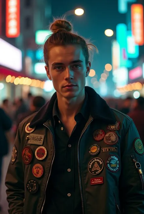 ((Fullbody))Handsome youngman(manbun hair) looking to the camera, skinny, bomber jackets with many badges, walking in the city at nights, bokeh lights, cars, building and stores, so many people, smokey, taking a realistic photo, from the top angle shot by ...