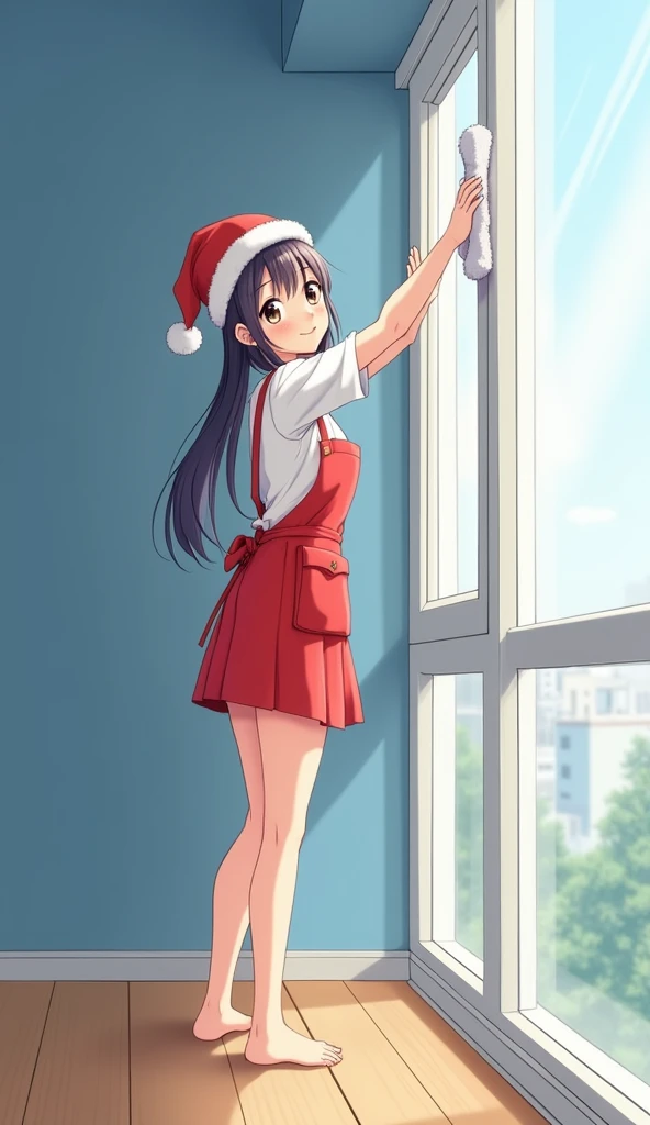 Realistic. Photorealistic. Image is vibrantly colored.
photo,Highly detailed

A young and very beautiful Japanese girl is standing and wiping a large window with a rag,
smiling and looking at the camera,
holding a white rag in her hand while wiping the win...