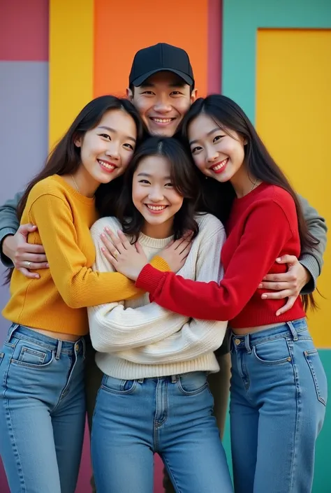  a 30-year-old Korean man with a slight smile ,  wearing a black truckersnap hat wearing an ash sweater wearing blue jeans wearing sports shoes ,  appears to be standing embracing a photo selfie pose with three Korean women aged 30 wearing color sweaters w...