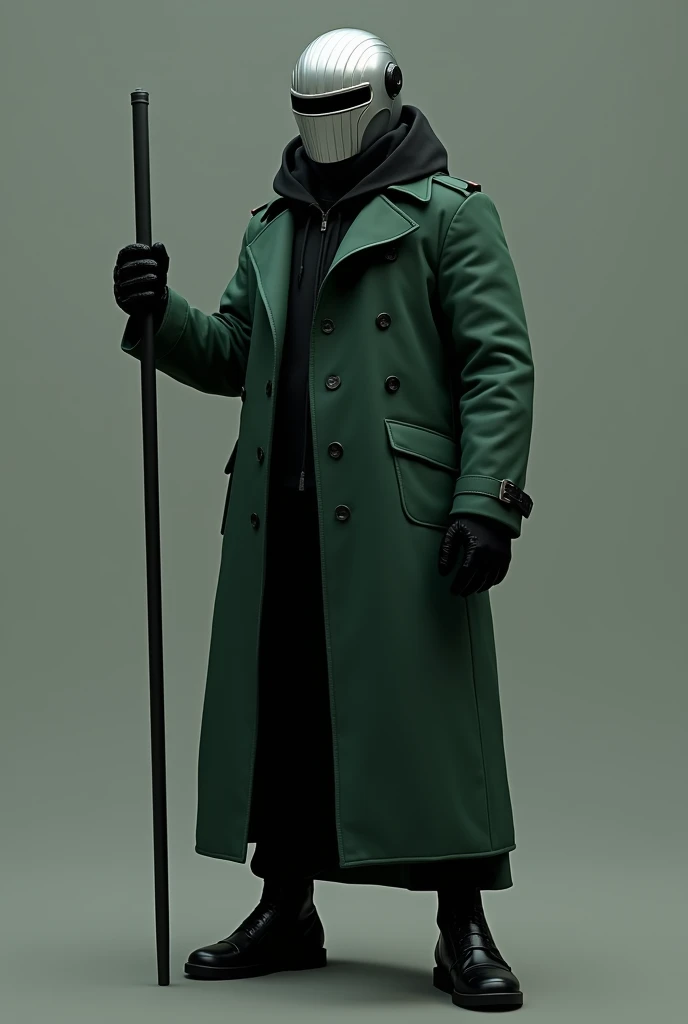 Character with dark green trench coat , black pole ,  black pants , black boots,  black gloves with the hood on and wearing the classic Roboco helmet ,  with that horizontal black line and the rest of the silver mascara and the hood of the trench coat on, ...