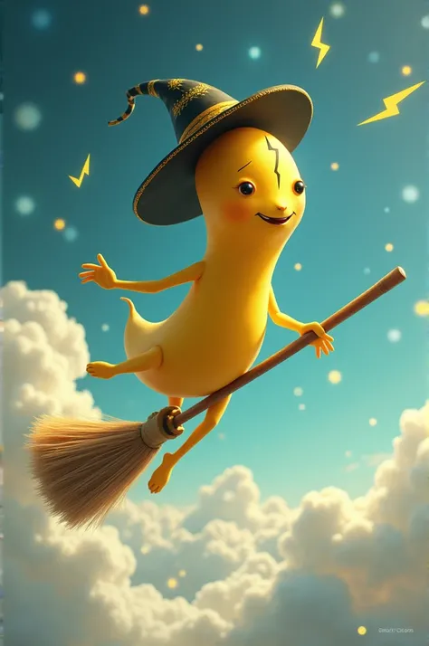 Thin yellow bean with a lightning-shaped scar on the forehead with a flying hat on a broom