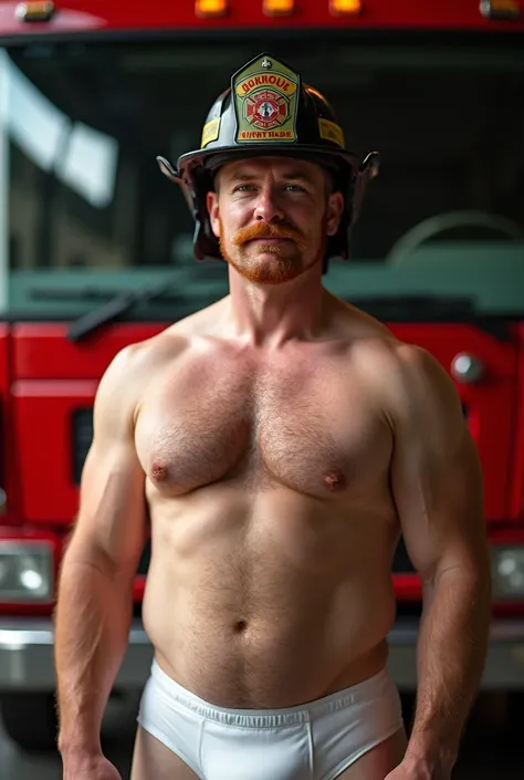 fireman, handsome, white, ginger hair, age 50, moustache, chubby, dark hair, shirtless, white briefs, portrait photograph,  masterpiece , In front of a fire truck . Shaved face, black fireman’s helmet