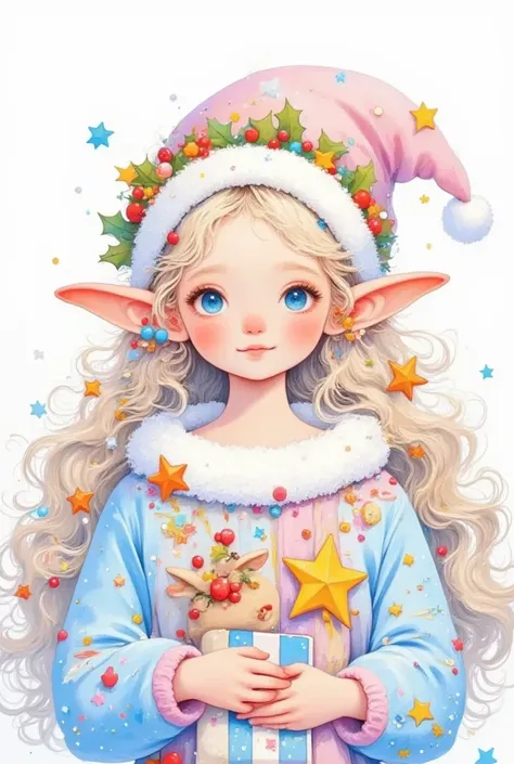 A girl in a Christmas dress is holding a Christmas tree and gifts, Mary Angell (Marie Angel) Pastel painting, Top trending on pixabay, Fantasy Art, little Elf Girl, Elf Girl, teen Elf Girl, Elf Princess,  Elf Beauty , Elf Girl wearing an flower suit, Pokem...