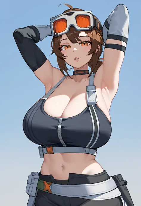 score_9, score_8_up, score_7_up, score_9, BREAK, 1girl, huge breasts, solo, score_9, score_8, score_8_up, gracehd-ponyxl, 1girl, black choker, black gloves, white gloves, black pants, black sports bra, elbow gloves, goggles on head, looking at viewer, low ...