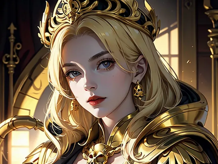  Woman with the face of a golden skull,Queen,Cane,Cape,Golden Armor,Golden Snake ,Golden Castle