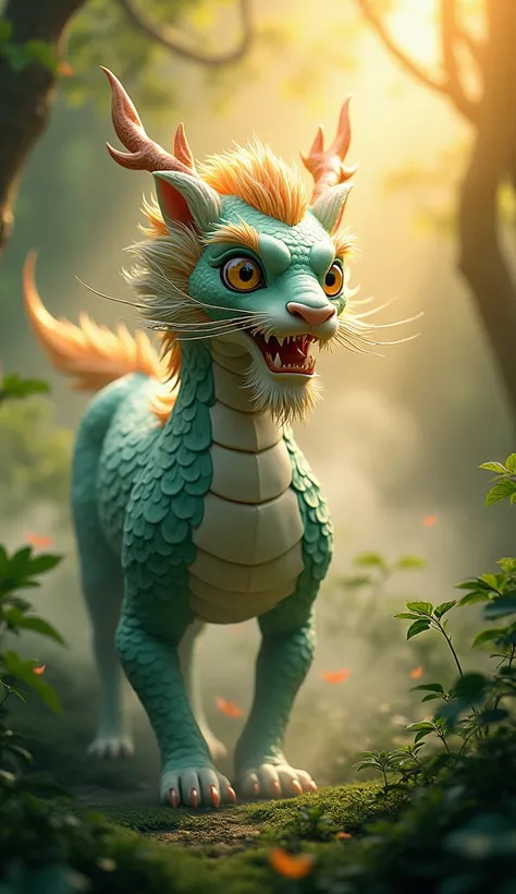 ((masterpiece,  top quality,  Highest image quality  ,  high resolution, Realistic,  original photo,  extremely detailed CG uniform 8K wallpaper)), Chinese mythical beasts，forest， Golden sunshine ， an animal after the fusion of a Chinese dragon and lion，Dr...