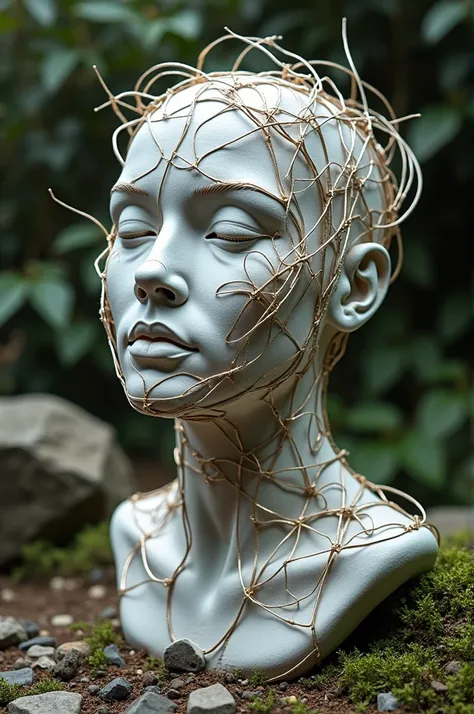 Human head sculpture intervened with wire and plaster in a context of nature and technology 