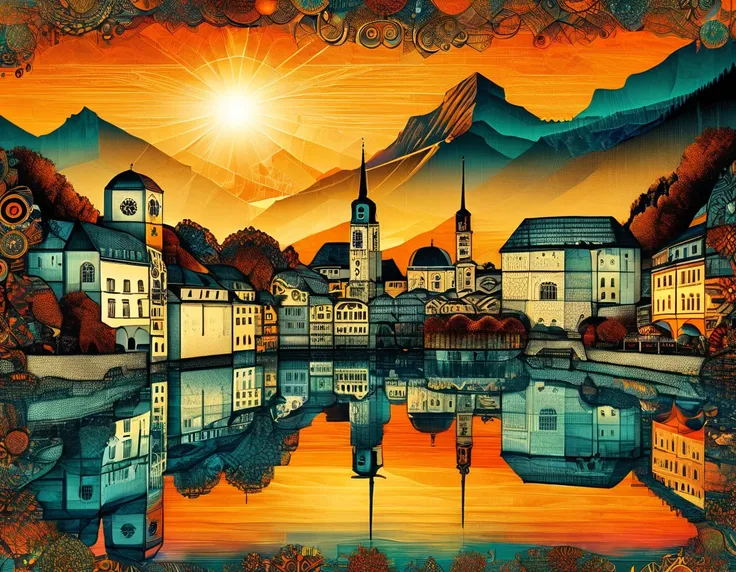 Masterpiece, best quality, high resolution, best composition, dynamic composition, Zentangle style, abstract landscape, Salzburg old town scene at sunset, medieval architecture and churches, sun setting over rolling hills, orange sky and clouds at dusk, co...