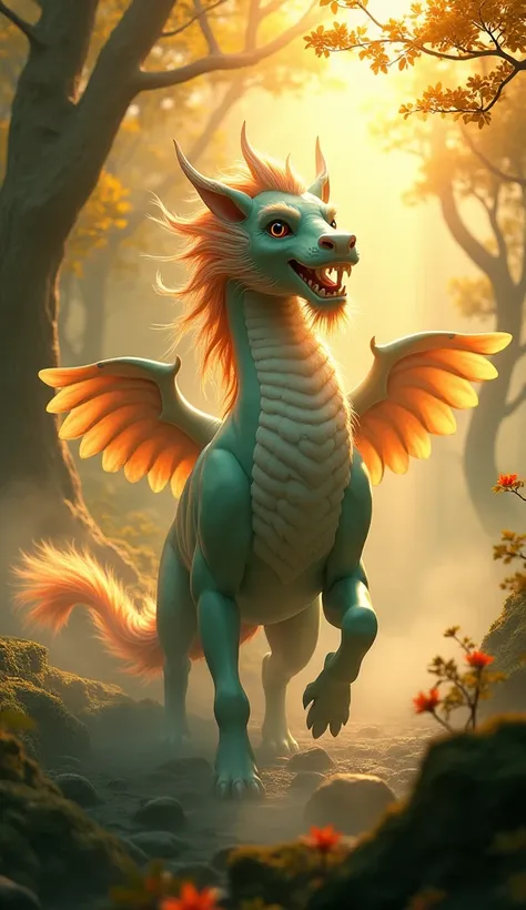 ((masterpiece,  top quality,  Highest image quality  ,  high resolution, Realistic,  original photo,  extremely detailed CG uniform 8K wallpaper)), Chinese mythical beasts，forest， Golden sunshine ， an animal after the fusion of a Chinese dragon and lion，Dr...