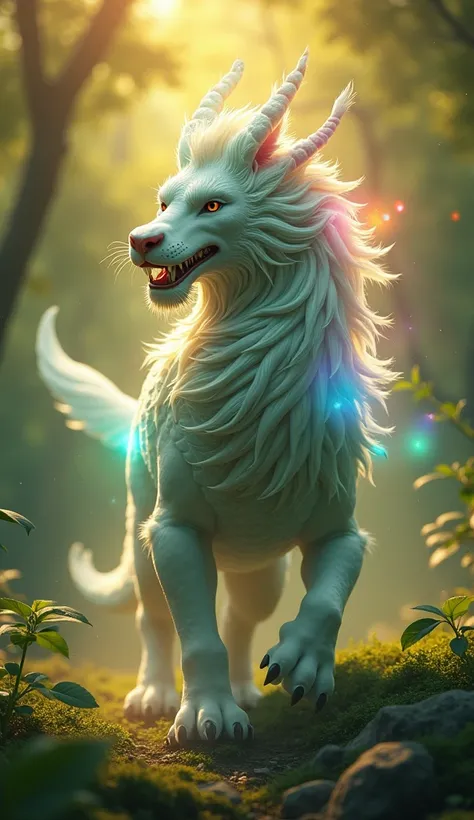 ((masterpiece,  top quality,  Highest image quality  ,  high resolution, Realistic,  original photo,  extremely detailed unified CG 8K wallpaper )), Chinese mythical beasts，forest， Golden sunshine ， an animal after the fusion of a Chinese dragon and lion，D...