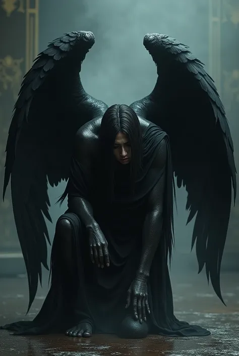 Sad angel with black wings slumped on his knees 