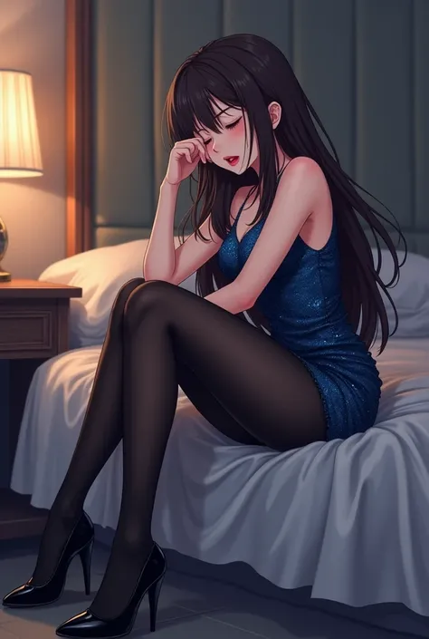 An anime-style illustration of a 35-year-old mature tall female older sister-type character with long dark brown hair, wearing opaque black tights completely covering her legs, a short, sparkly blue party dress, and black high-heeled pumps.  The character ...