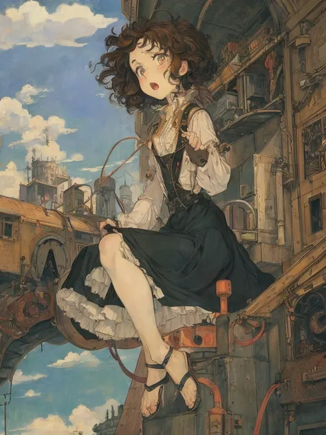 Dark Tower, 1 dolly girl, solo, little fat, half-open mouth, brown eyes, forehead, black messy curly bob hair, low-twintails hair, full body, Dirty clothes, fatigue, gloom, gears, steam-pipe, Dark Clouds, chimney, steampunk, cyberpunk, unhappy, Gustav Klim...