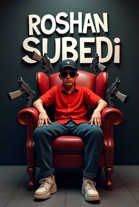 Create 3D illustration for a hich picture where a boy in Red shirt sits casually on wingback bd GUN , a black cricket cap  and sunglasses, he looks ahead the background features  Roshan subedi  i n big and capital white fonts on the black wall.site Time is...