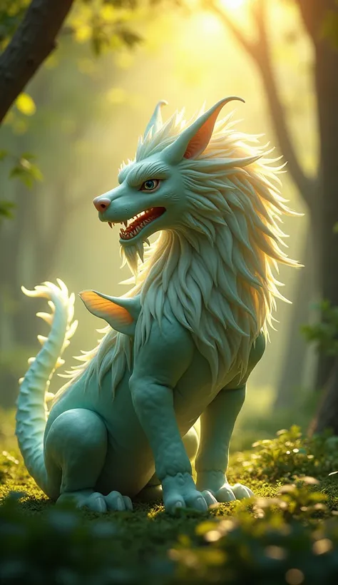 ((masterpiece,  top quality,  Highest image quality  ,  high resolution, Realistic,  original photo,  extremely detailed CG uniform 8K wallpaper)), Chinese mythical beasts，forest， Golden sunshine ， an animal after the fusion of a Chinese dragon and lion，Li...