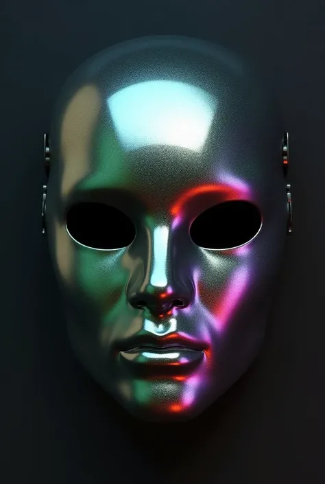 A 3D metal mask with an iridescent design, shifting between metallic greens, purples, and blues. The glossy finish creates a mesmerizing effect, paired with a polished silver cap, and it hangs against a solid black or dark gray background.