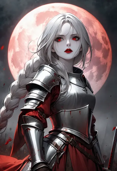 1 woman,  Long White Braided Hair ,  red eyes, Red lips,  Pale Skin ,  dark atmosphere ,  smells low saturation ,  sharp eyes without empty space, Red Full Moon,  Medieval Armor and Swords, Bloody Battlegrounds 