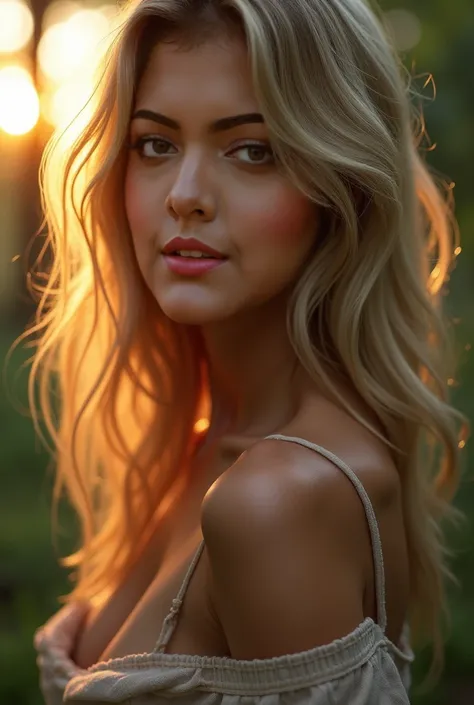  close up portrait, SS sexyblonde hair , parted Lips, Lips, casual attire,  looking at the spectator,  forest background, sunset lights,  realistic 