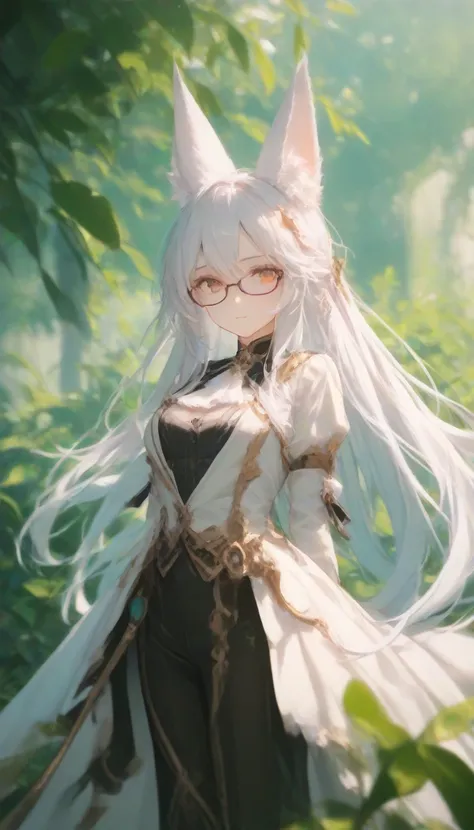  (( fantasy costume, fox ears)), (( 1girl)), 20 years,  candid outfit,  white hair , magician, lush breasts, glasses