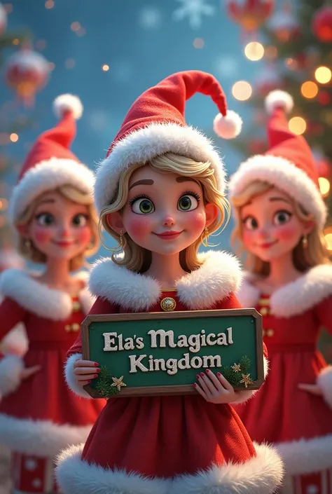 I would like 3 women dressed as Mama Claus and a sign that says Ellas Magical Kingdom 