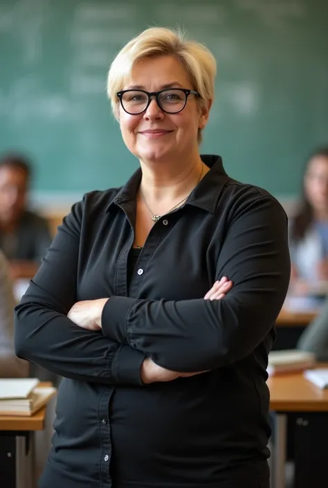 A blond woman with short hair and a plump figure, wearing tight clothes and glasses, a university teacher in her late 40s, standing in a classroom. The background is a university classroom and college students