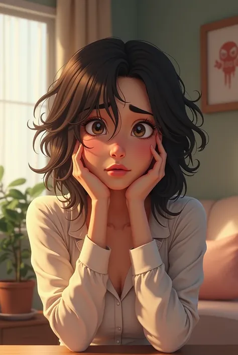 give me a super high resolution, realistic, 3d image of a pretty young woman that is being lazy and procrastinating to clean her room. Should be realistic and not cartoon. Her hair should be messy and should have a stressed out facial expression.