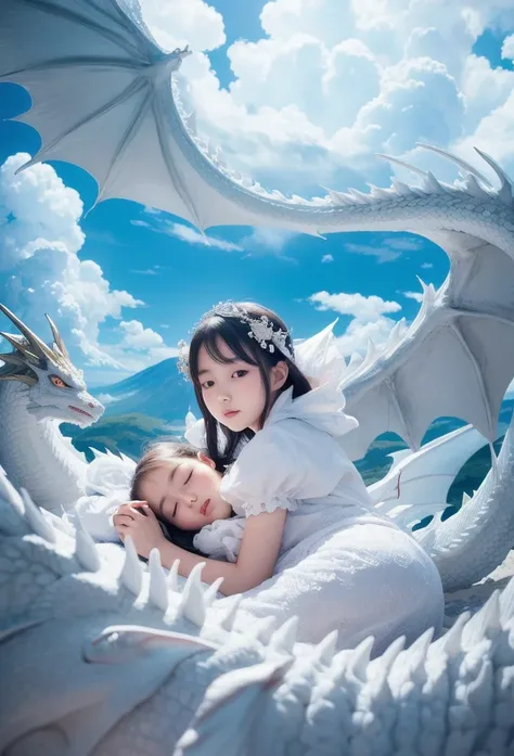  Japanese baby girl , nice, Make your face round, sleeping on a white dragon bed , Pictorial Paintings by Ju Lian ,   shutterstock contest winner ,  fantasy art,  Dragon Made of Clouds , Japanese Fantasy, Lying in the white cloud wonderland，Camera shot, Mo...