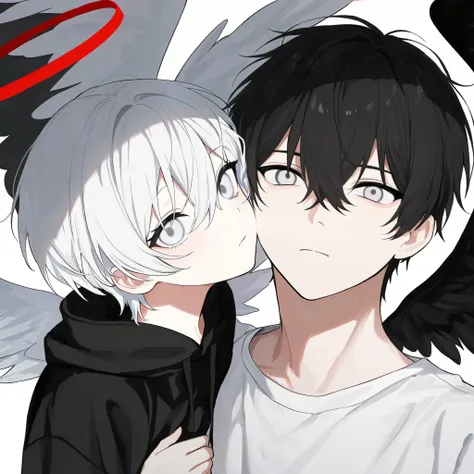 Alone,    good-looking, 1 male,    Short Hair ,   black and white hair,  pale eyes ,    white shirt,  white Thailand ,    black hoodie  , Black Wings,  red halo , 