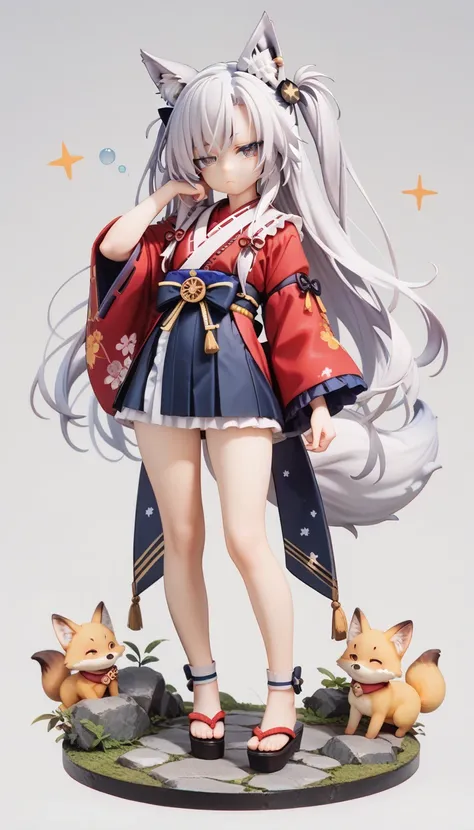 Musashi, Japanese legend, loli, sleepy, standing, looking at viewer, long hair, white hair, with star-shaped irises, big eyes, short, frilled clothing, miko, with a bow, with fox ears, with fox tail, , full body shot, solid gray background