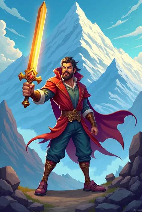 Cartoon of a magical man holding a sword. The background is a mountain.