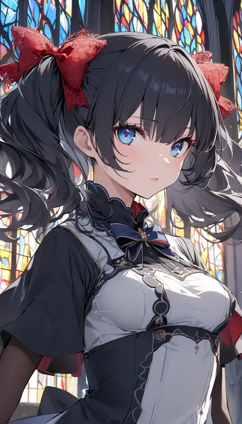 女godの抱擁を受ける 、god秘的、god々Shii、 church、 stained glass、( slim、1 person, cute young woman, medium breasts, black hair、 twin tail hair 、Long side bangs、Azure Eyes、red large lace hair bow),delicate beautiful eyes , high definition , masterpiece, pictures of girls...