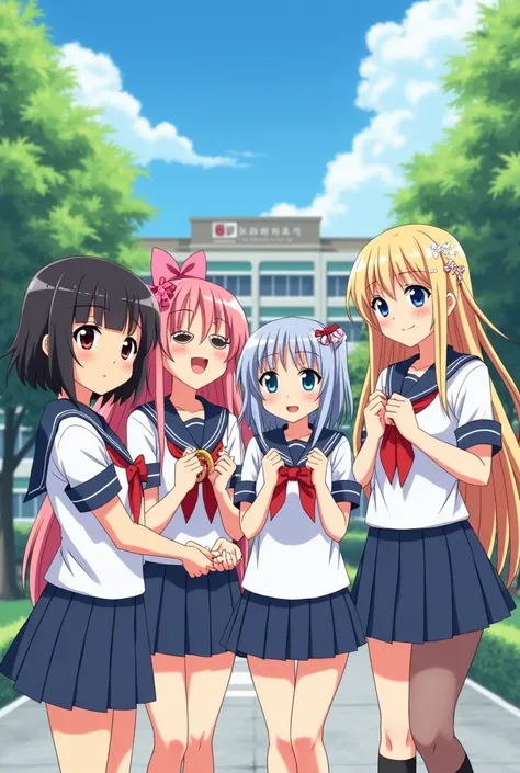  In this picture, there are 5 female characters in anime style standing together in a Japanese school setting at lunchtime. Character details include :
	1.	 short black girl on the far left
• Dark red eyes
• Wear a sailor-style student dress with a red bow...