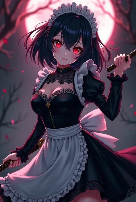 Vampire, red eyes, maid, black hair, black maid cosplay, sword, dangerous look, waifu, anime girl, anime style, cute, beautiful, warrior, dark