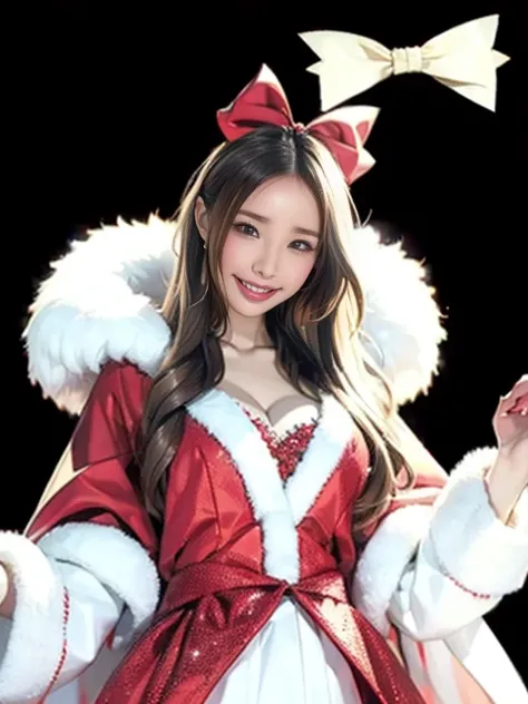  realistic pictures,  top quality, Festival Girl,  cheerful smile,  Red Velvet Cloak ,  White Fur Trim ,  Black Ribbon Bows , santa style costume, Holiday Themes , Playful pose,Chibi,  Sparkling Snowflake Decorations,  Vivid and Warm Atmosphere ,  Christma...