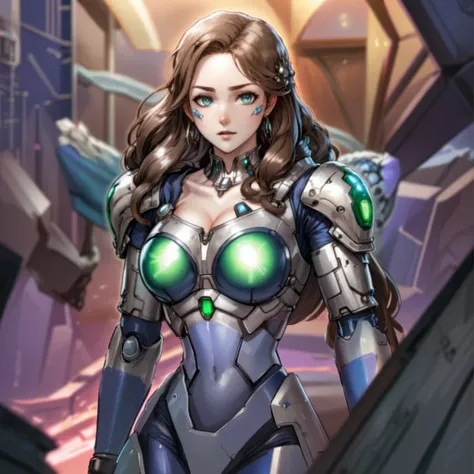 1girl, solo, Cyber mecha suit, ruined building background