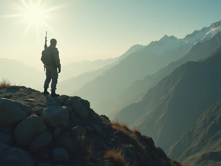 A military base of usa rangers  in the wind atop a remote Afghan mountain, advertising a mission shrouded in secrecy and danger. Its dark and mysterious design evokes a sense of suspense and anticipation.sunny day