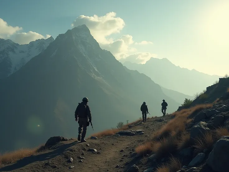 A military base of usa rangers  in the wind atop a remote Afghan mountain, advertising a mission shrouded in secrecy and danger. Its dark and mysterious design evokes a sense of suspense and anticipation.sunny day