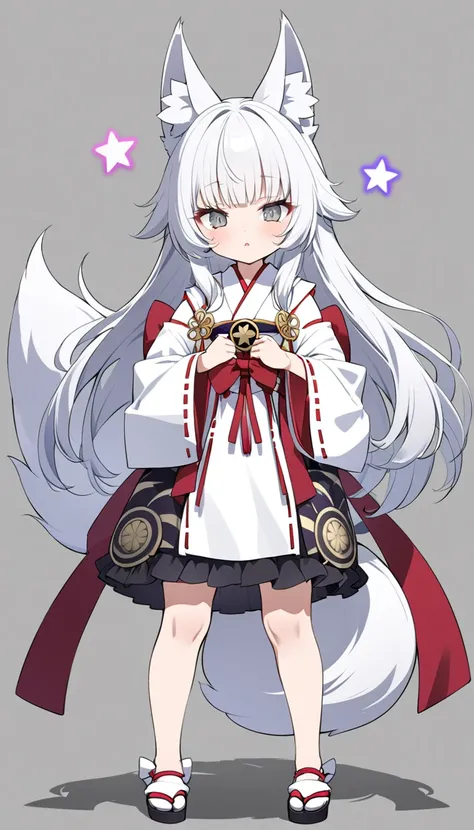 Musashi, Japanese legend, loli, sleepy, standing, looking at viewer, long hair, white hair, with star-shaped irises, big eyes, short, frilled clothing, miko, with a bow, with fox ears, with fox tail, , full body shot, solid gray background