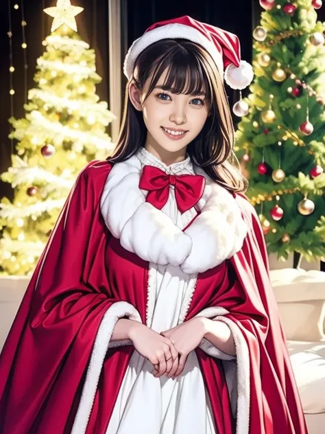  realistic pictures,  top quality, Festival Girl,  cheerful smile,  Red Velvet Cloak ,  White Fur Trim ,  Black Ribbon Bows , santa style costume, Holiday Themes , Playful pose,Chibi,  Sparkling Snowflake Decorations,  Vivid and Warm Atmosphere ,  Christma...