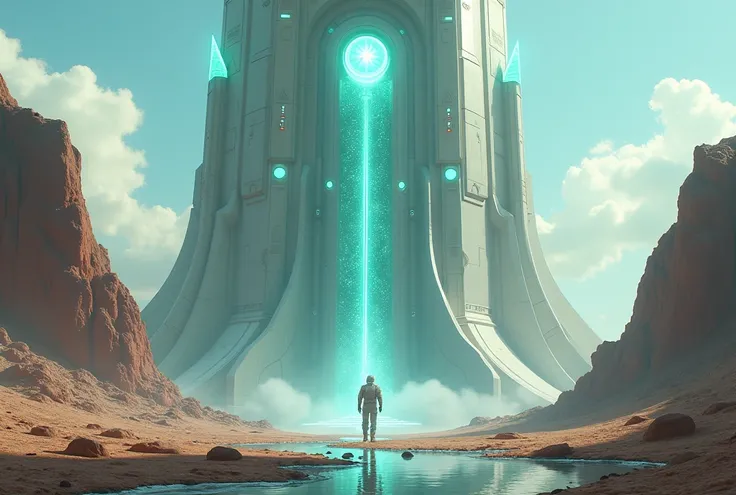 The futuristic digital artwork depicts a lone figure in a light-colored astronaut suit walking toward a massive, towering structure set against a rocky, desert-like landscape. The central figure, seen from behind, is positioned slightly left of center, mov...