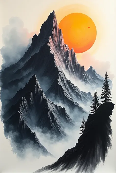  Handmade drawing with colors of an imposing mountain with overflowing natural elements,  with dramatic contrasts of light and shadow ,  shapes that give a feeling of power , in black and white with intense shadows 