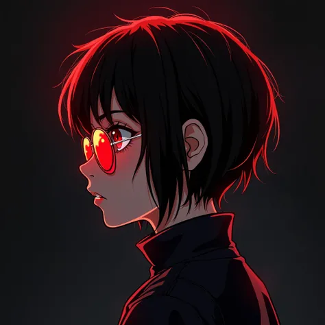 Muchacha de cabello, castaño, corto pero no tan corto, desordenado con lentes redondos de sol color rojo, con aretes de aros color dorado y una gargantilla negra. Estilo anime foto de perfil estilo cyberpunk con fondo oscuro