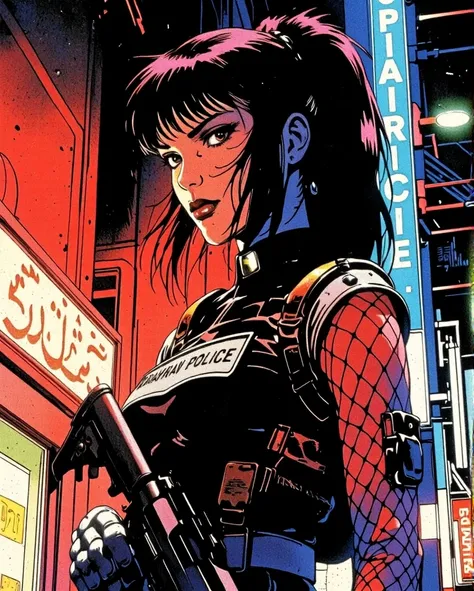 Art style by H. R. Giger, Art Style by Moebius, 


A young Saudi Arabian woman standing tall and fearless in the heart of a dimly lit, neon-soaked underbelly. Her raven black hair is pulled back into a sleek high ponytail, framing her face with long, lusci...