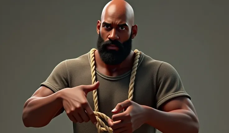 3D animation of a bald dark brown skinned black man with average build with a full beard and mustach wearing a mesh t shirt withhemp rope strung through his fingers depth perception