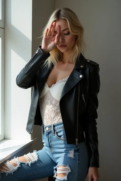 Blonde perfect body Outfit: Monochrome outfit (e.g., blue ripped jeans white lace top leather  jacket  ) for contrast.

Pose: Stand or sit by a window with natural light casting shadows. Experiment with hand gestures, covering part of your face, or closing...