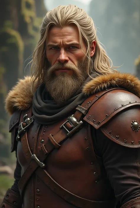 Young man with beard, long blond hair and leather armor and not so muscular