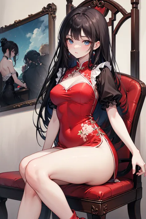  has long, dark hair ， with warm blue eyes  ，Black eyebrows、Clear and bright eyes，The lines of the facial features are soft and graceful，Cold and elegant，Refined spirit，There is no flaw at all。 The skin is white and red ，The bright red cheongsam-style nigh...